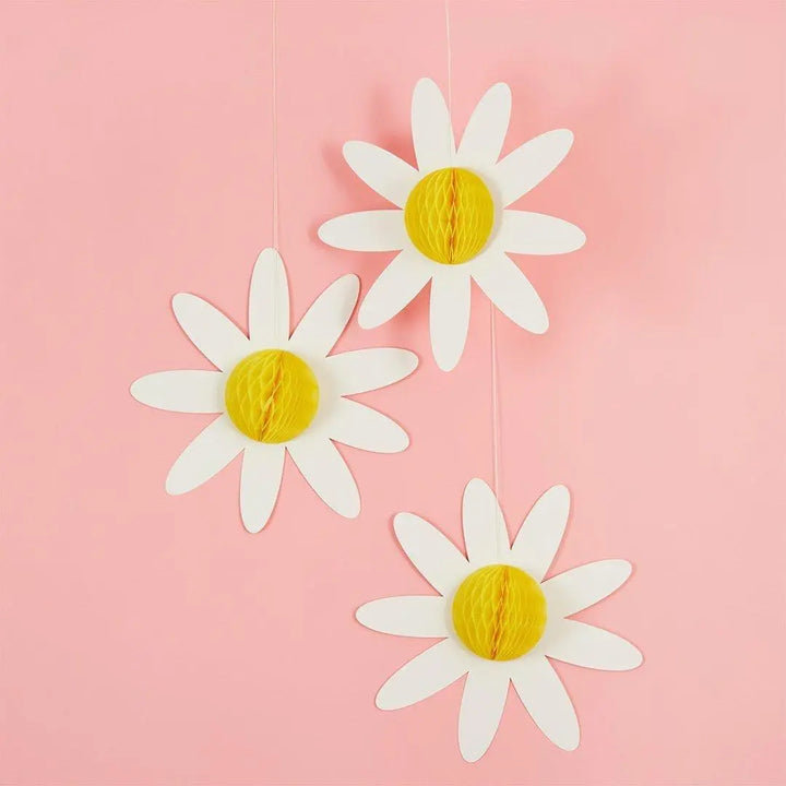 Daisy Honeycomb Hanging Decorations - 3D Floral Party Decor - Daisy Theme Hen Party, Baby Shower & Garden Birthday Decorations - Pack of 3 - Jolie Fete UK
