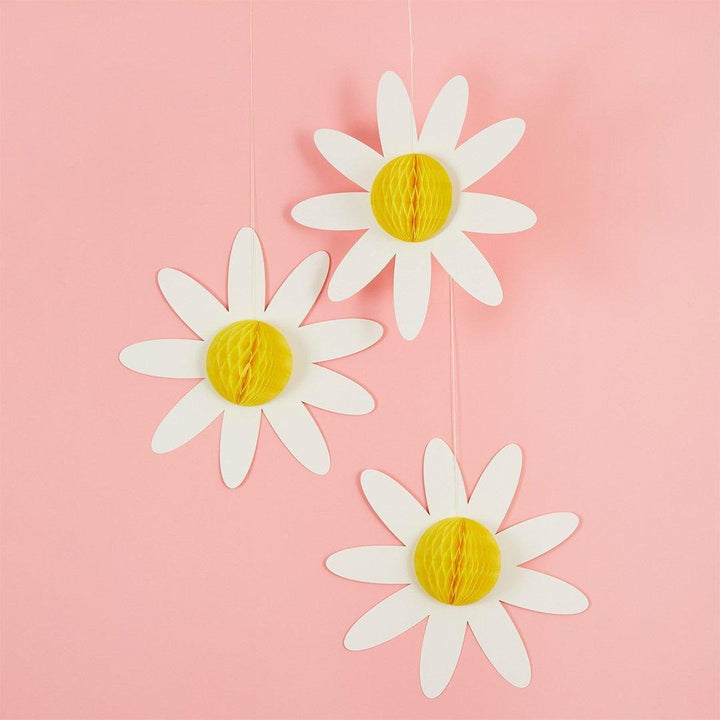Daisy Honeycomb Hanging Decorations - 3D Floral Party Decor - Daisy Theme Hen Party, Baby Shower & Garden Birthday Decorations - Pack of 3 - Jolie Fete UK