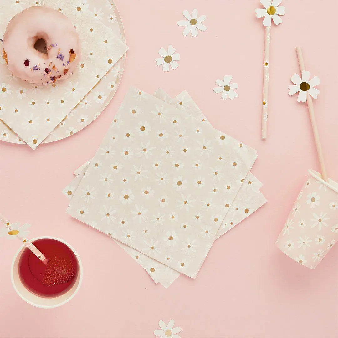 Daisy Paper Napkins - Ditsy Floral Summer Birthday Party Tableware - Hen Party & Baby Shower Tea Party Decorations - Cottagecore -Pack of 16 - Jolie Fete UK