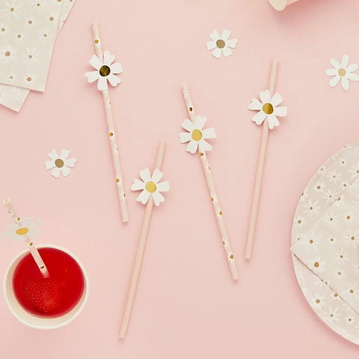 Daisy Paper Straws - Ditsy Floral Summer Birthday Party Tableware - Hen Party & Baby Shower Tea Party Decorations - Cottagecore - Pack of 16 - Jolie Fete UK