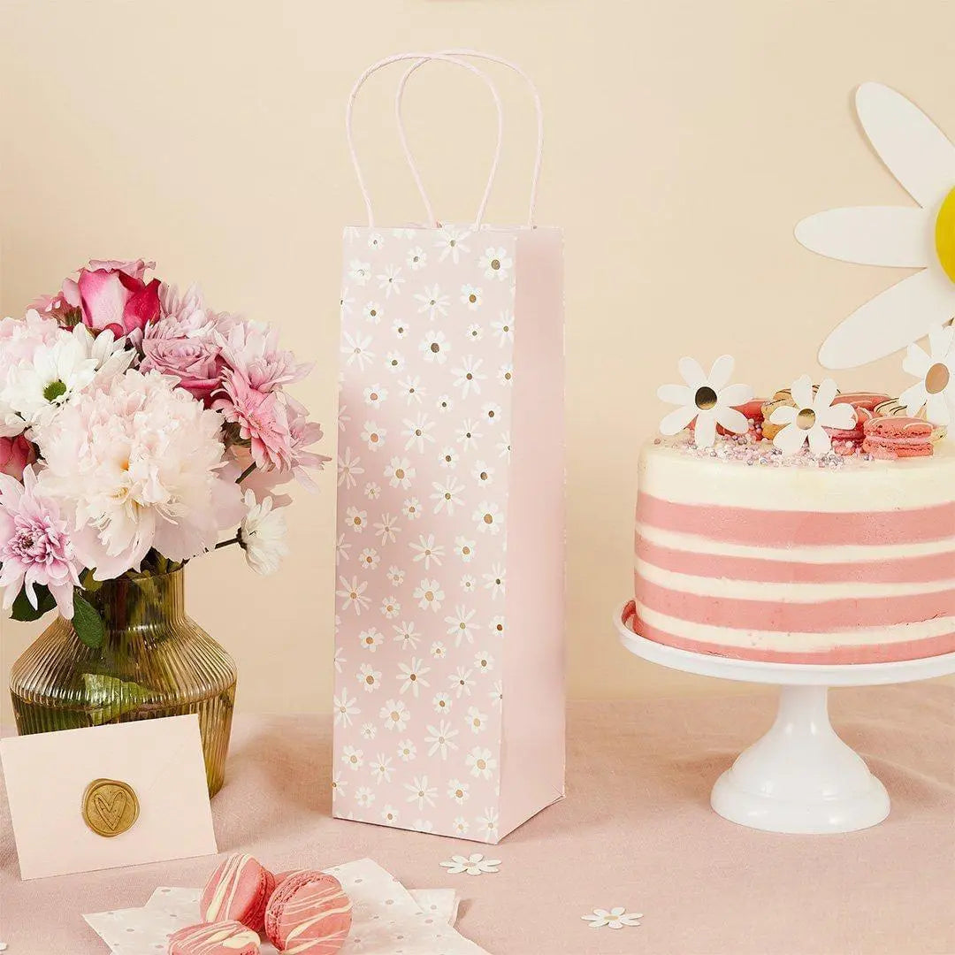Daisy Pink Bottle Gift Bag - Ditsy Floral Wine & Prosecco Bag - Hen Party, Baby Shower And Birthday Gifting - Single Luxury Paper Bag - Jolie Fete UK