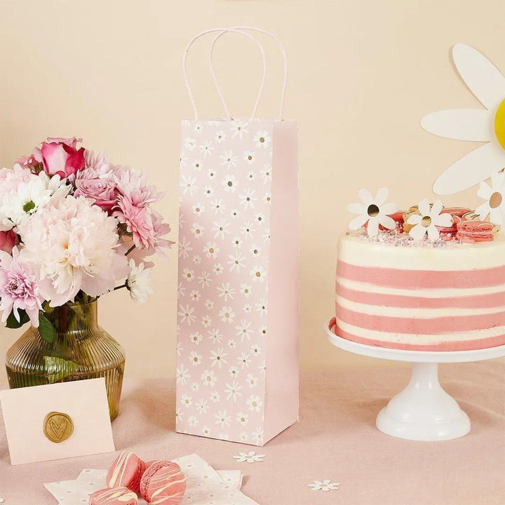 Daisy Pink Bottle Gift Bag - Ditsy Floral Wine & Prosecco Bag - Hen Party, Baby Shower And Birthday Gifting - Single Luxury Paper Bag - Jolie Fete UK