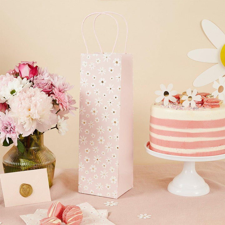 Daisy Pink Bottle Gift Bag - Ditsy Floral Wine & Prosecco Bag - Hen Party, Baby Shower And Birthday Gifting - Single Luxury Paper Bag - Jolie Fete UK