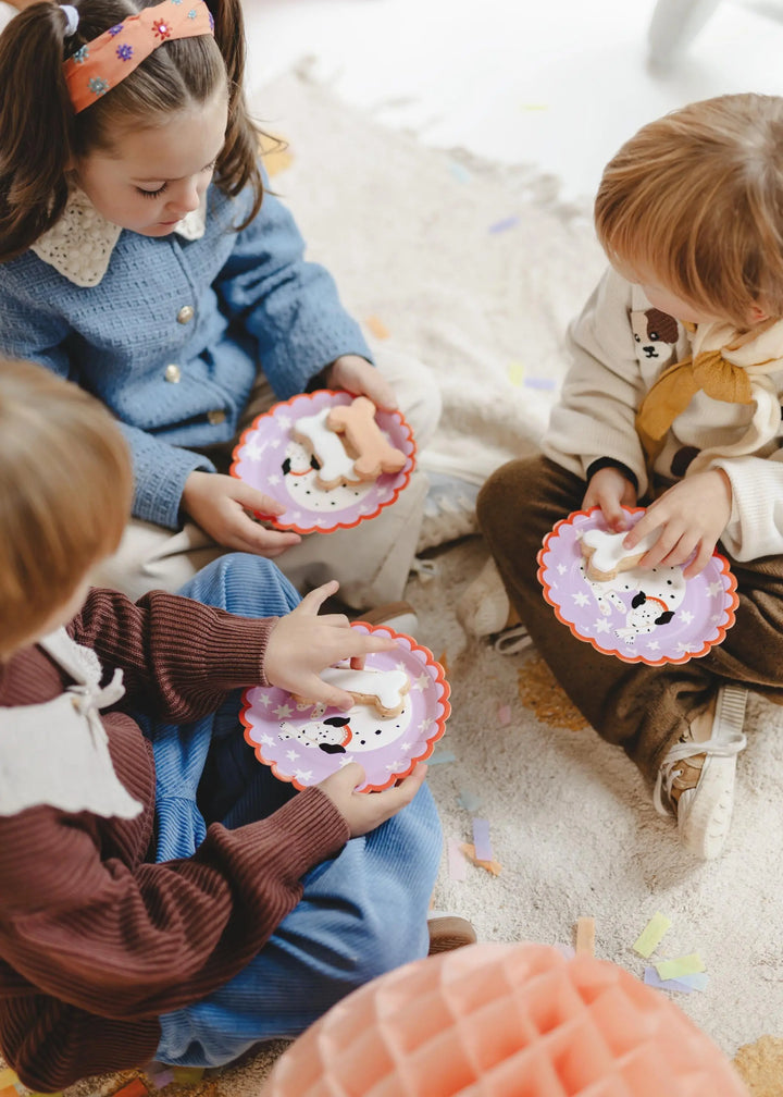 Dalmatian Paper Plates - Scalloped 18cm Dessert Plates - Sleepy Puppy Birthday Tableware - Pink & Orange Starry Dog Party Decor - Pack Of 6 - Jolie Fete UK