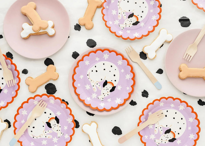 Dalmatian Paper Plates - Scalloped 18cm Dessert Plates - Sleepy Puppy Birthday Tableware - Pink & Orange Starry Dog Party Decor - Pack Of 6 - Jolie Fete UK