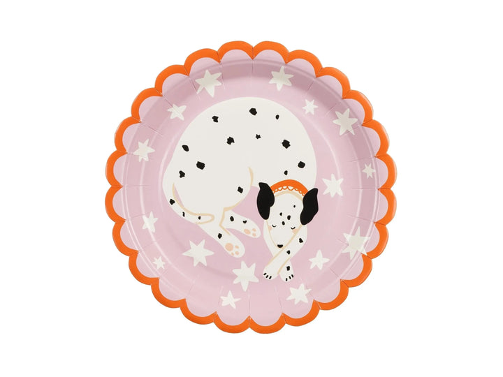 Dalmatian Paper Plates - Scalloped 18cm Dessert Plates - Sleepy Puppy Birthday Tableware - Pink & Orange Starry Dog Party Decor - Pack Of 6 - Jolie Fete UK