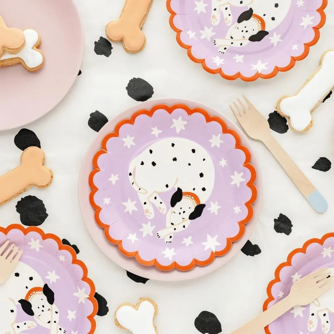 Dalmatian Paper Plates - Scalloped 18cm Dessert Plates - Sleepy Puppy Birthday Tableware - Pink & Orange Starry Dog Party Decor - Pack Of 6 - Jolie Fete UK