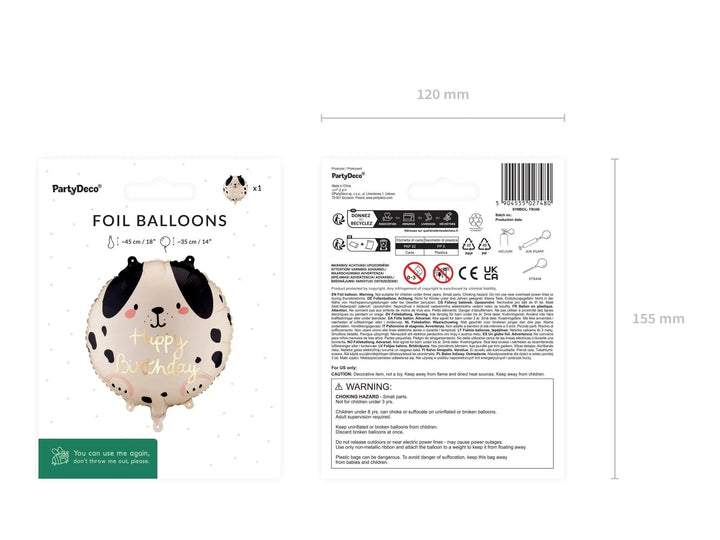Dog Happy Birthday Balloon - Dalmatian Puppy Theme Party Decor - Black and Cream Spotty Dog Foil Balloon - Gold Lettering - 18" - Jolie Fete UK