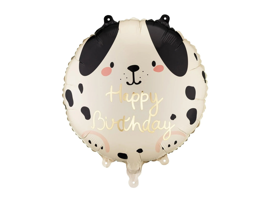 Dog Happy Birthday Balloon - Dalmatian Puppy Theme Party Decor - Black and Cream Spotty Dog Foil Balloon - Gold Lettering - 18" - Jolie Fete UK