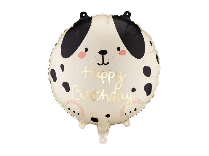 Dog Happy Birthday Balloon - Dalmatian Puppy Theme Party Decor - Black and Cream Spotty Dog Foil Balloon - Gold Lettering - 18" - Jolie Fete UK