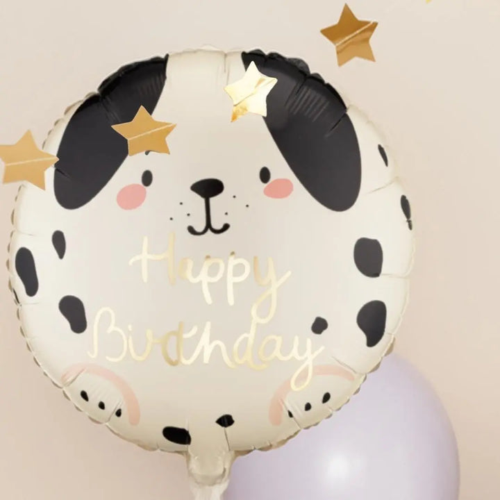 Dog Happy Birthday Balloon - Dalmatian Puppy Theme Party Decor - Black and Cream Spotty Dog Foil Balloon - Gold Lettering - 18" - Jolie Fete UK