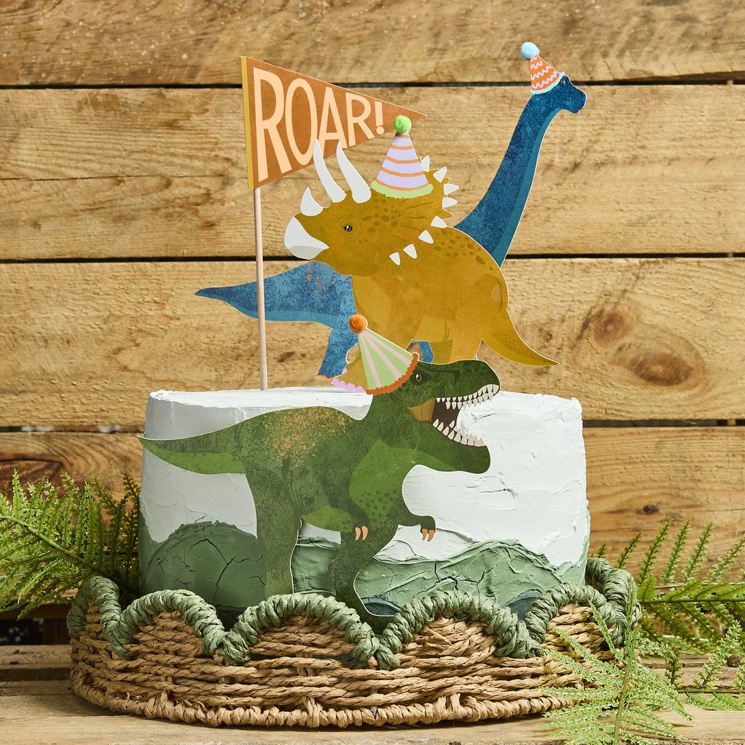 Dinosaur Cake Topper Set - Dinosaur Cake Decorations - T-Rex & Triceratops Toppers with 3D Pom Poms -Roar Birthday Cake Decoration-Pack Of 4 - Jolie Fete UK