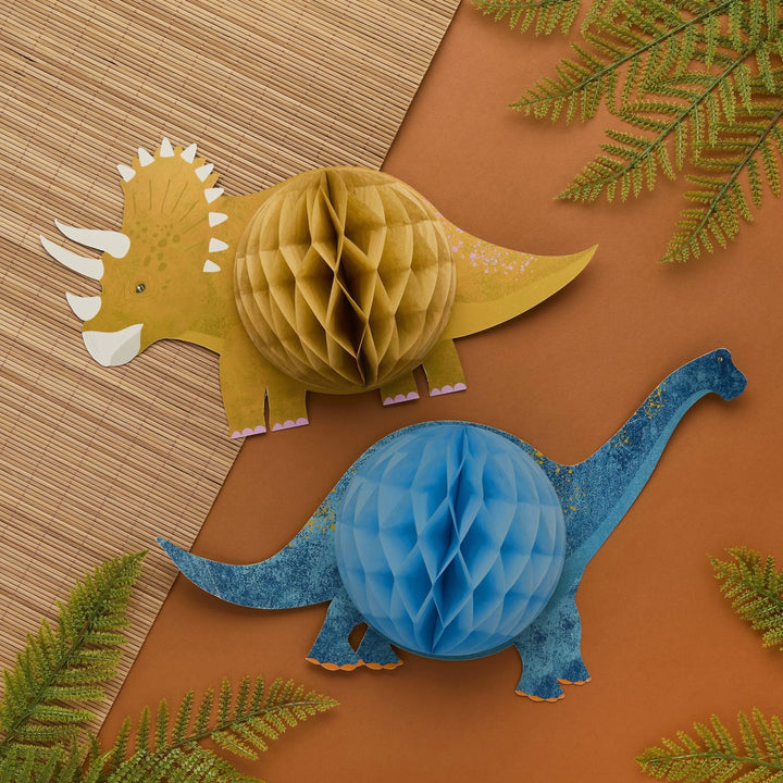 Dinosaur Honeycombs - Dinosaur Party - Dino Birthday Decor - Blue Brachiosaurus & Yellow Triceratops - Kids Birthday Supplies - Pack Of 2 - Jolie Fete UK