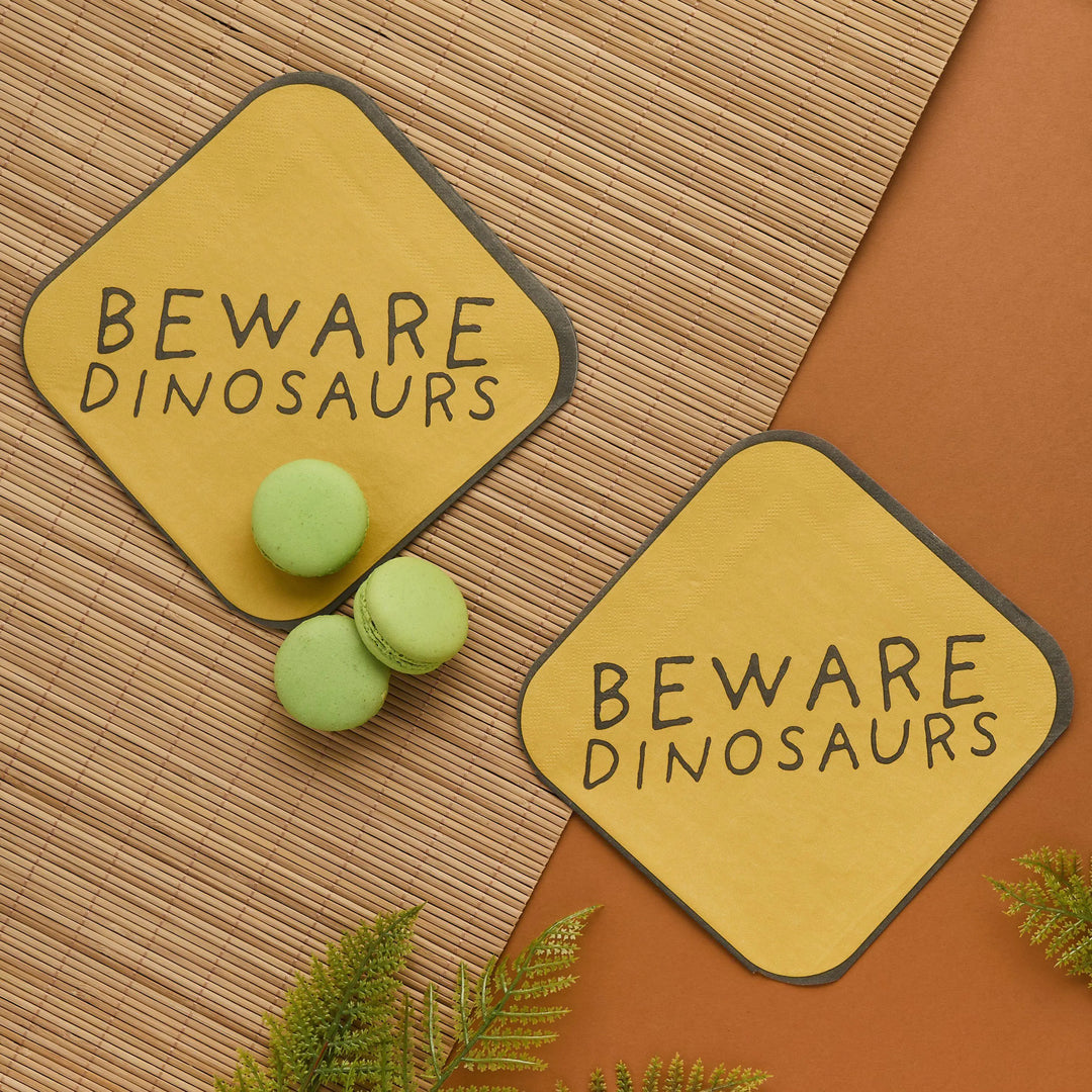 Dinosaur Napkins - Dinosaur Paper Party Napkins - Yellow Beware Dinosaurs Warning Sign - Explorer Party - Kids Birthday Tableware-Pack Of 16 - Jolie Fete UK