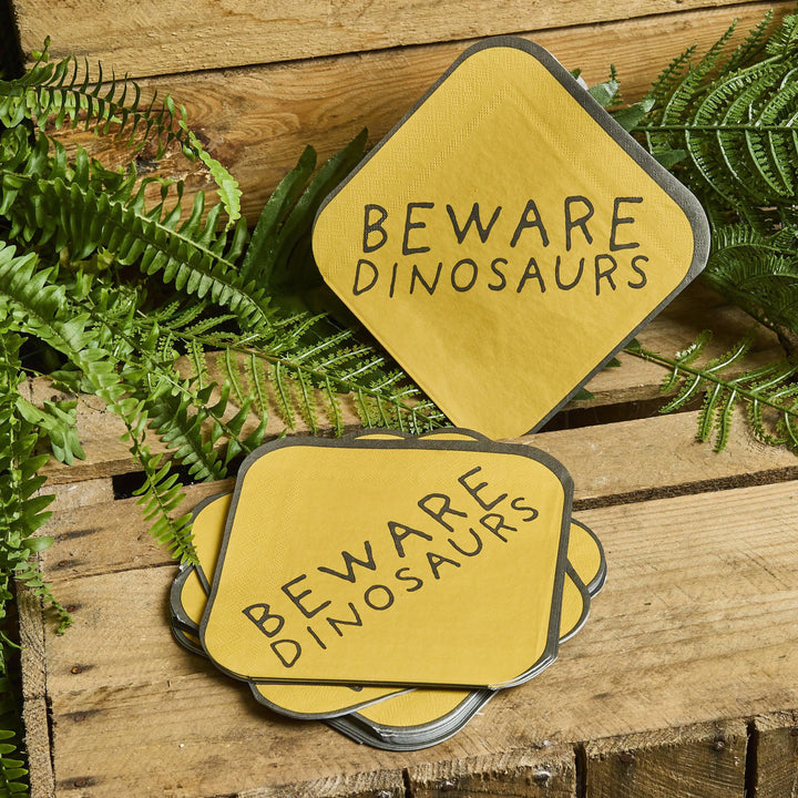 Dinosaur Napkins - Dinosaur Paper Party Napkins - Yellow Beware Dinosaurs Warning Sign - Explorer Party - Kids Birthday Tableware-Pack Of 16 - Jolie Fete UK