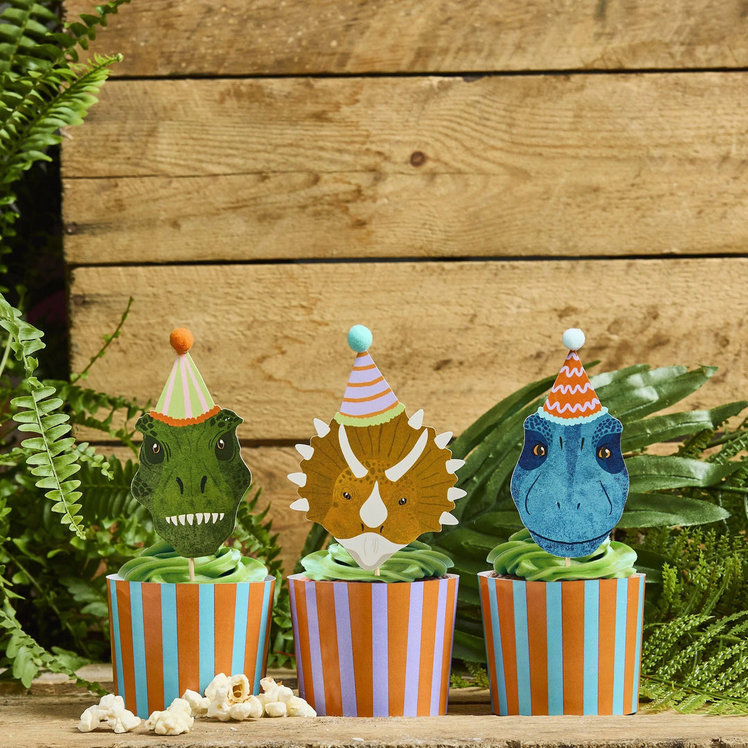 Dinosaur Cupcake Toppers & Food Cups - Dinosaur Party Food Picks - Roarsome Dino - Cupcake Cases - Kids Birthday Party Tableware -Pack Of 12 - Jolie Fete UK