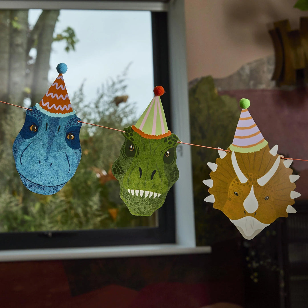 Dinosaur Garland - Dinosaur Party Bunting - Dino Birthday Decorations With Pom Poms - T-Rex & Triceratops - Kids Birthday Party Decor - 4m - Jolie Fete UK