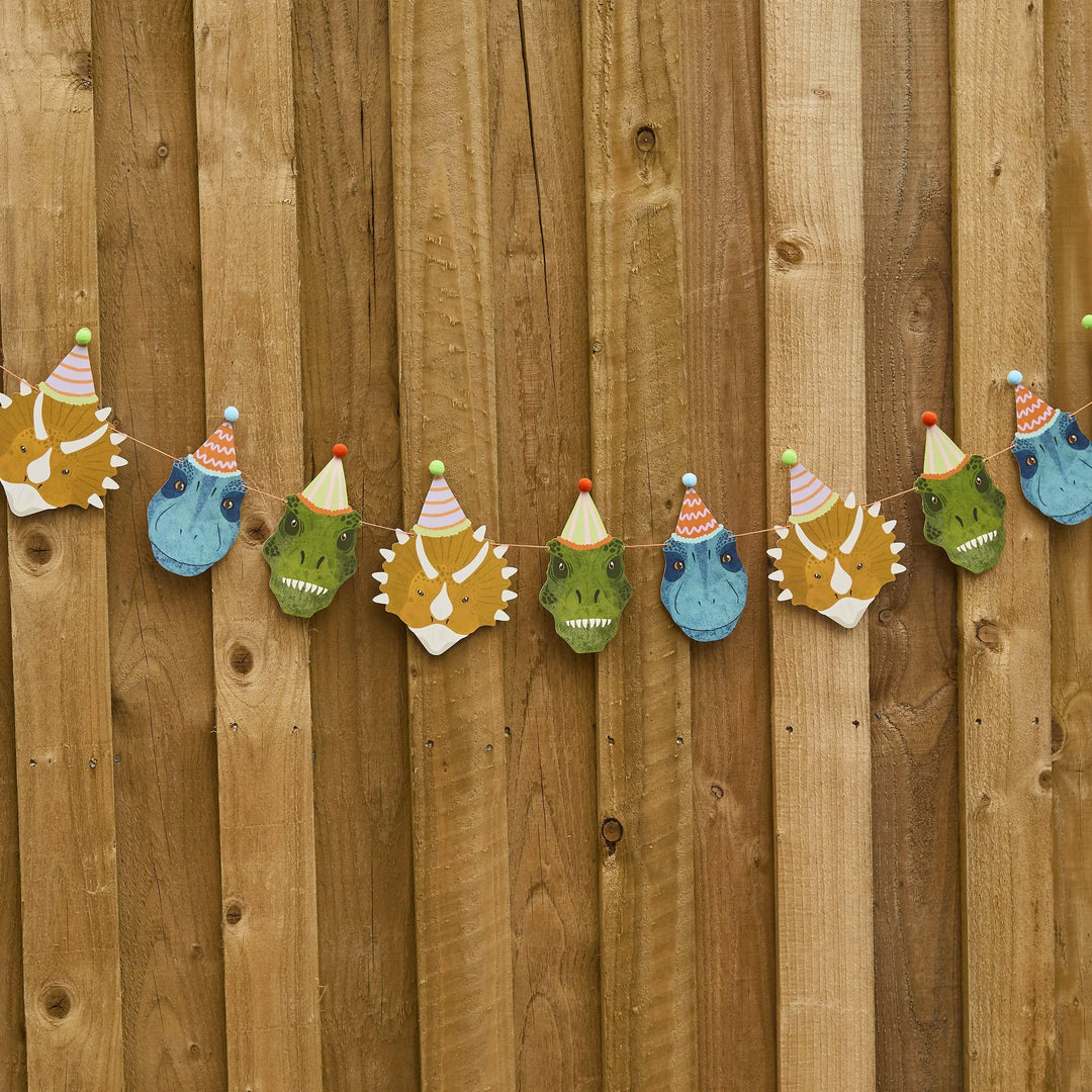 Dinosaur Garland - Dinosaur Party Bunting - Dino Birthday Decorations With Pom Poms - T-Rex & Triceratops - Kids Birthday Party Decor - 4m - Jolie Fete UK
