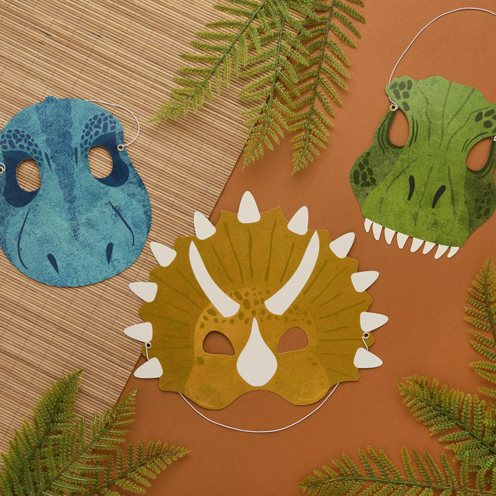 Dinosaur Masks - Dinosaur Card Mask Party Bag Fillers - Roarsome Dino Photo Props - T Rex & Triceratops - Kids Birthday Party - Pack Of 6 - Jolie Fete UK