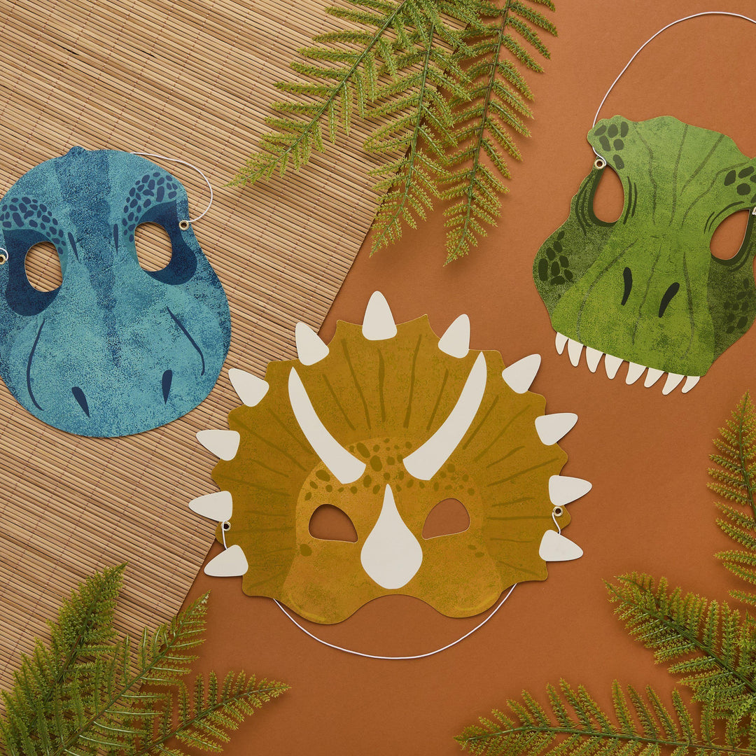 Dinosaur Masks - Dinosaur Card Mask Party Bag Fillers - Roarsome Dino Photo Props - T Rex & Triceratops - Kids Birthday Party - Pack Of 6 - Jolie Fete UK