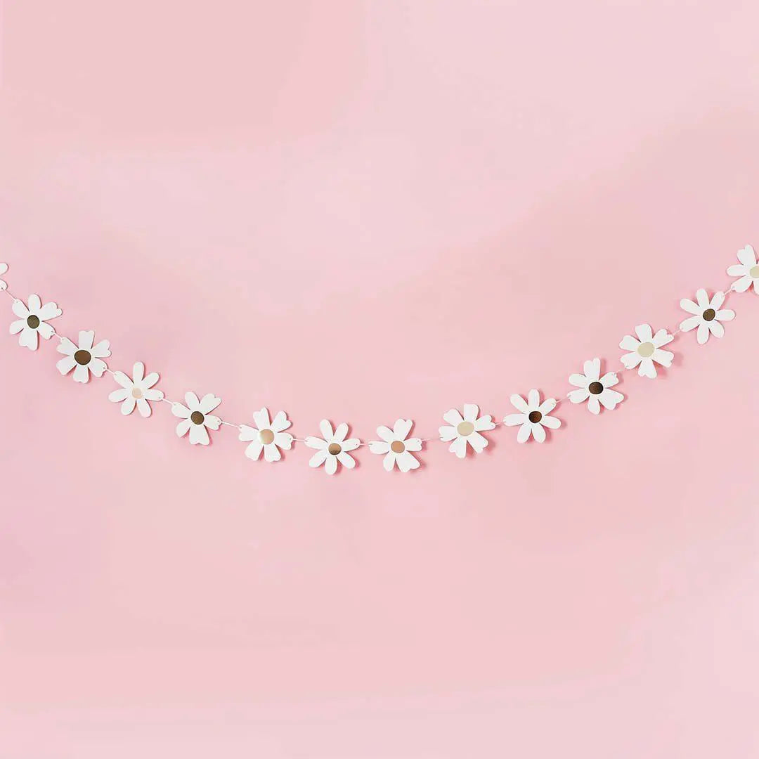 Ditsy Daisy Card Garland - 2.5m Floral Bunting - White & Gold Flower Banner - Hen Party, Baby Shower And Garden Birthday Party Decorations - Jolie Fete UK
