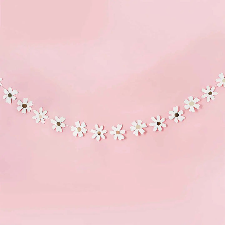Ditsy Daisy Card Garland - 2.5m Floral Bunting - White & Gold Flower Banner - Hen Party, Baby Shower And Garden Birthday Party Decorations - Jolie Fete UK
