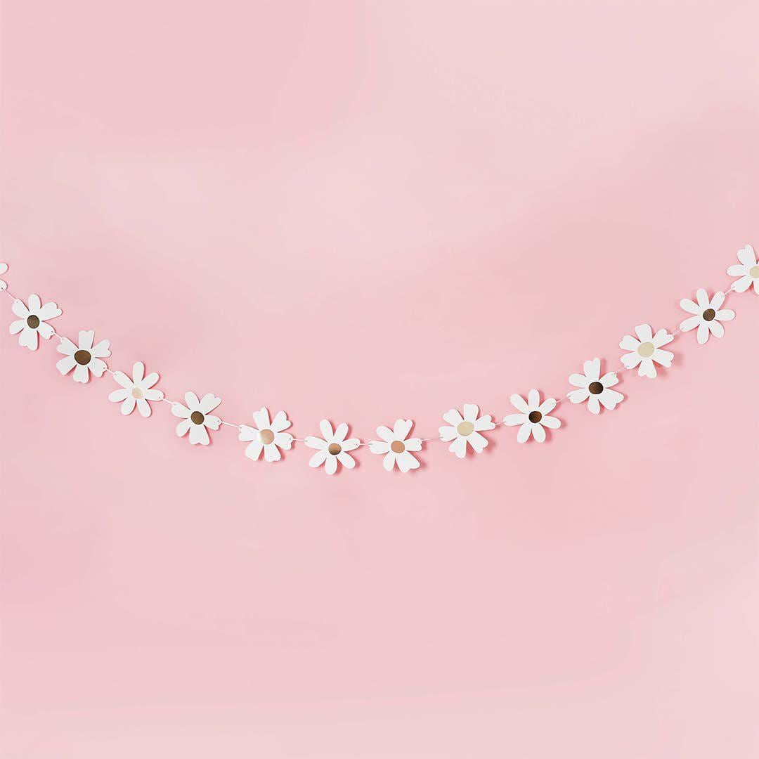 Ditsy Daisy Card Garland - 2.5m Floral Bunting - White & Gold Flower Banner - Hen Party, Baby Shower And Garden Birthday Party Decorations - Jolie Fete UK