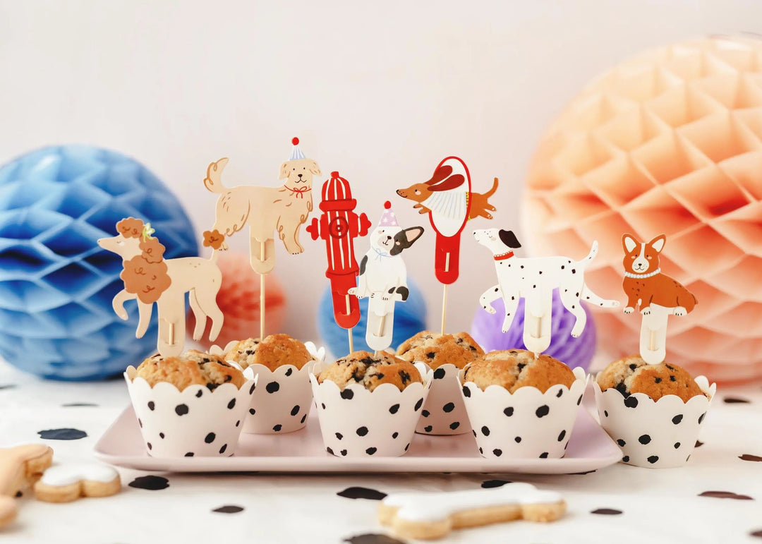 Dog Party Cupcake Toppers - Assorted Puppy Cake Decorations - Poodle, Corgi & Dalmatian Toppers - Pet Lover Birthday Supplies - Pack Of 7 - Jolie Fete UK