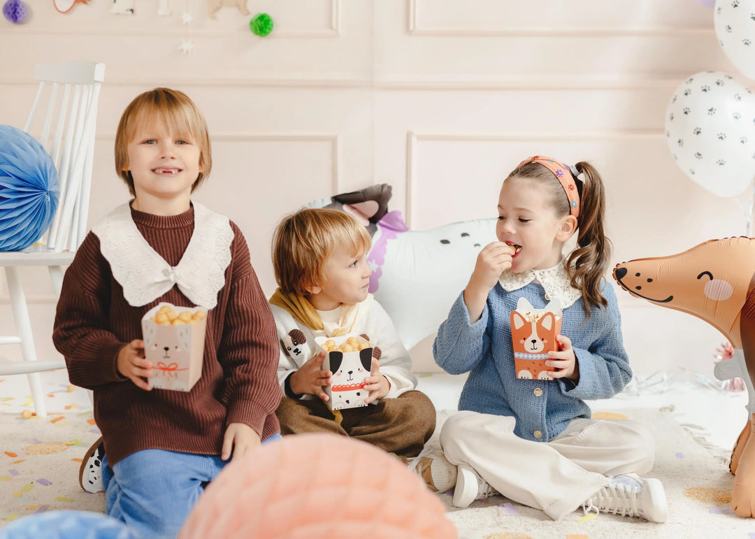Dog Party Popcorn Boxes - Puppy Snack Treat Tubs - Party Favour Boxes - Kids Birthday Cinema Night - Food Containers - 4 Designs -Pack of 6 - Jolie Fete UK