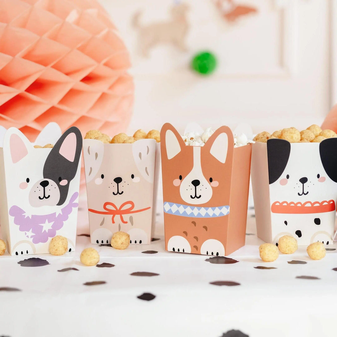 Dog Party Popcorn Boxes - Puppy Snack Treat Tubs - Party Favour Boxes - Kids Birthday Cinema Night - Food Containers - 4 Designs -Pack of 6 - Jolie Fete UK