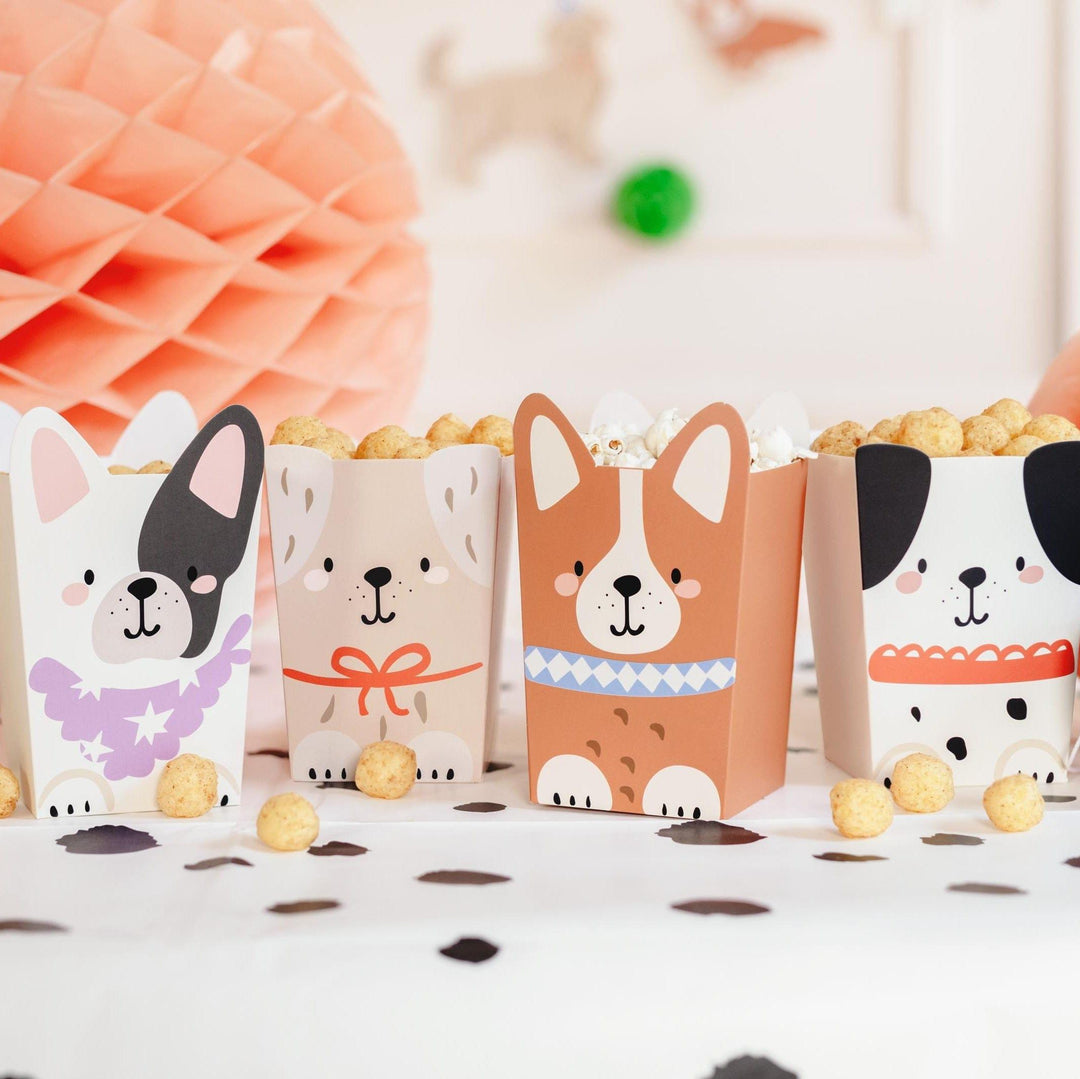 Dog Party Popcorn Boxes - Puppy Snack Treat Tubs - Party Favour Boxes - Kids Birthday Cinema Night - Food Containers - 4 Designs -Pack of 6 - Jolie Fete UK