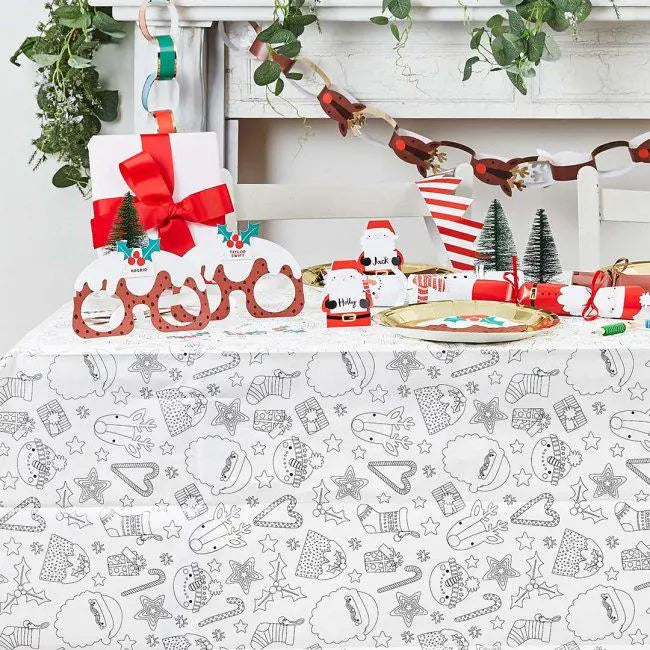 Christmas Colour In Paper Tablecloth - 2.6 x 1.4m Kids Craft Activity - Festive Table Cover - Colouring Xmas Party Decoration - Children's - Jolie Fete UK