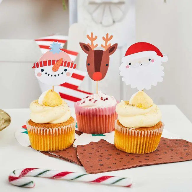 Christmas Food Picks - Pack of 12 - Festive Friends Cupcake Toppers - Xmas Party Table Decorations - Cute Holiday Cake Picks - Xmas Buffet - Jolie Fete UK