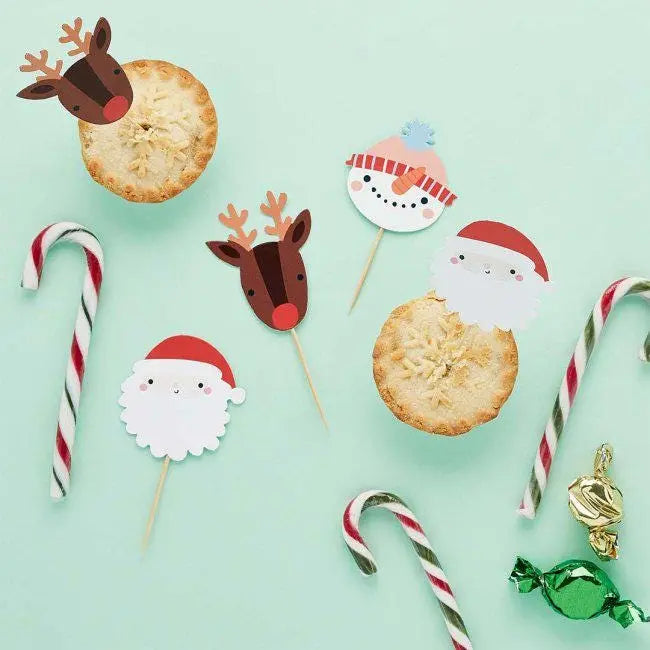 Christmas Food Picks - Pack of 12 - Festive Friends Cupcake Toppers - Xmas Party Table Decorations - Cute Holiday Cake Picks - Xmas Buffet - Jolie Fete UK
