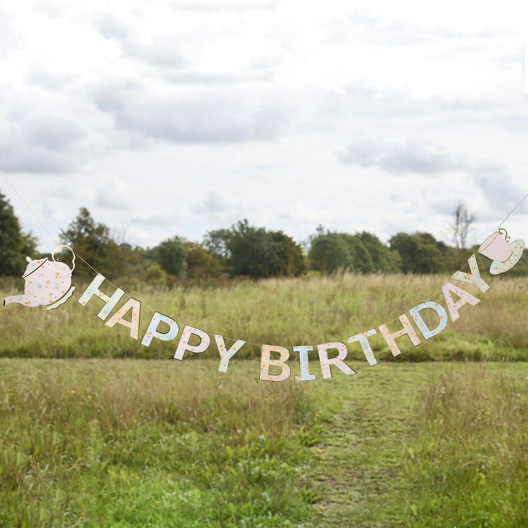 Floral Tea Party Happy Birthday Bunting - 2.5m Pastel Floral Birthday Banner - Afternoon Tea Party Decorations -Vintage Garden Party Garland - Jolie Fete UK