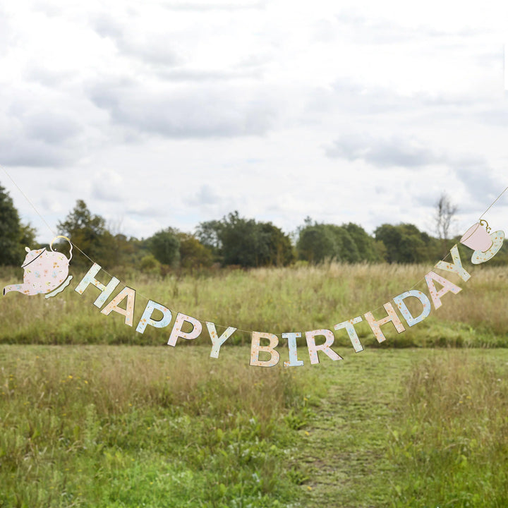 Floral Tea Party Happy Birthday Bunting - 2.5m Pastel Floral Birthday Banner - Afternoon Tea Party Decorations -Vintage Garden Party Garland - Jolie Fete UK
