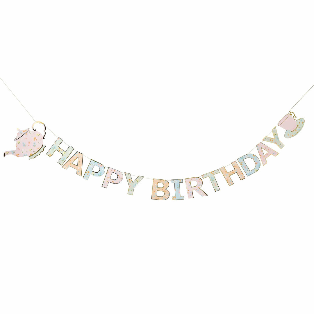 Floral Tea Party Happy Birthday Bunting - 2.5m Pastel Floral Birthday Banner - Afternoon Tea Party Decorations -Vintage Garden Party Garland - Jolie Fete UK