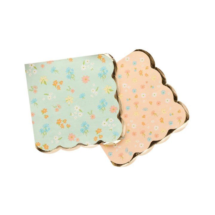 Floral Tea Party Napkins - 16 Pastel Scalloped Edge Paper Napkins With Gold Trim - Vintage Afternoon Tea Birthday Decor -Hen Party Tableware - Jolie Fete UK