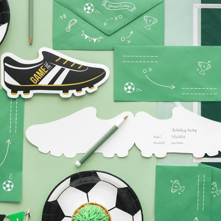 Football Boot Party Invitations - Soccer Shoe Birthday Invites - White, Gold & Black Design - Sports Birthday Party Stationery - Pack Of 6 - Jolie Fete UK