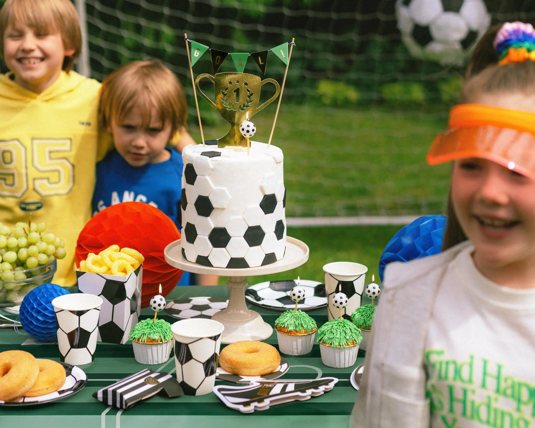 Football Cake Topper Set - Gold Trophy & 'GOAL!' Bunting Toppers - Soccer Birthday Decorations - Sports Award Ceremony - Party Supplies - Jolie Fete UK