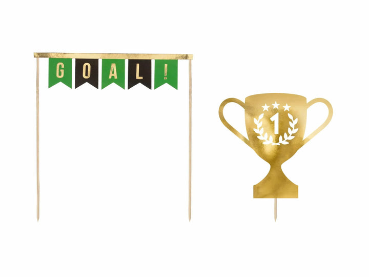 Football Cake Topper Set - Gold Trophy & 'GOAL!' Bunting Toppers - Soccer Birthday Decorations - Sports Award Ceremony - Party Supplies - Jolie Fete UK