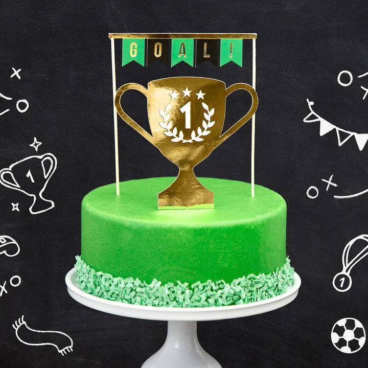Football Cake Topper Set - Gold Trophy & 'GOAL!' Bunting Toppers - Soccer Birthday Decorations - Sports Award Ceremony - Party Supplies - Jolie Fete UK