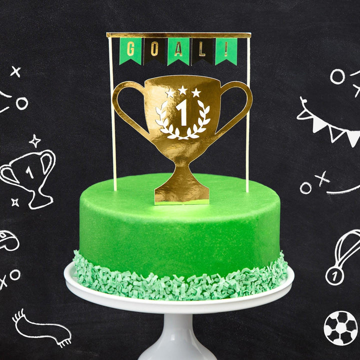 Football Cake Topper Set - Gold Trophy & 'GOAL!' Bunting Toppers - Soccer Birthday Decorations - Sports Award Ceremony - Party Supplies - Jolie Fete UK