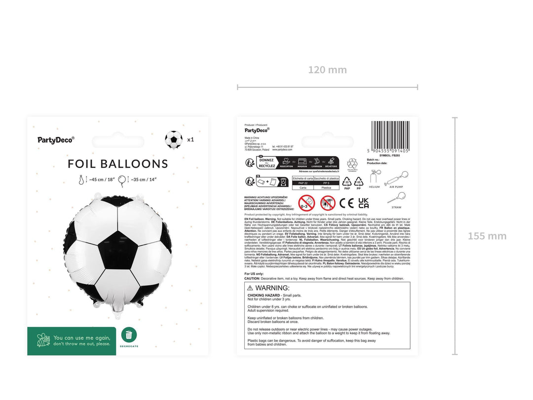 Football Foil Balloon - 18" Black & White Soccer Ball Shape - Match Day Party Decorations - Sports Theme Birthday Decor - Helium or Air - Jolie Fete UK