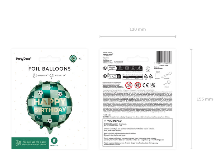 Football Happy Birthday Foil Balloon - 18" Pitch Green Checkered Round Balloon - Soccer Theme Party Decorations - Helium or Air - Jolie Fete UK