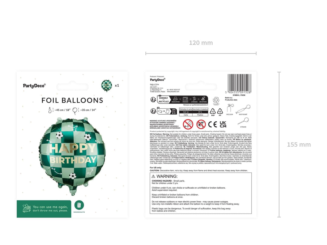 Football Happy Birthday Foil Balloon - 18" Pitch Green Checkered Round Balloon - Soccer Theme Party Decorations - Helium or Air - Jolie Fete UK