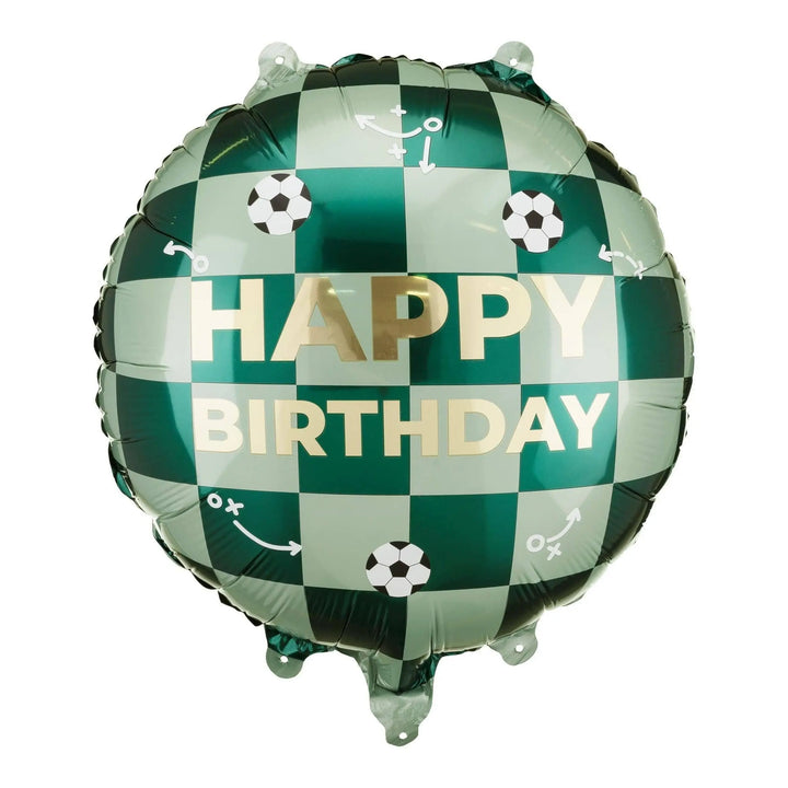 Football Happy Birthday Foil Balloon - 18" Pitch Green Checkered Round Balloon - Soccer Theme Party Decorations - Helium or Air - Jolie Fete UK