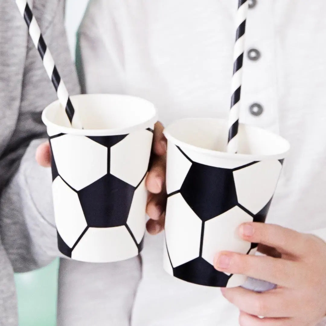 Football Paper Cups - Black & White Soccer Tableware - Sports Birthday Party Drinks - Sustainable Stadium Theme Decor - 260ml - Pack Of 6 - Jolie Fete UK