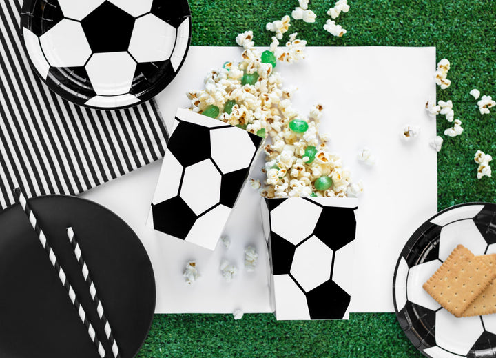 Football Popcorn Boxes - Black & White Soccer Ball Snack Tubs - Match Day Grazing Table - Sports Birthday Party Treats - Stadium Theme -6 pc - Jolie Fete UK