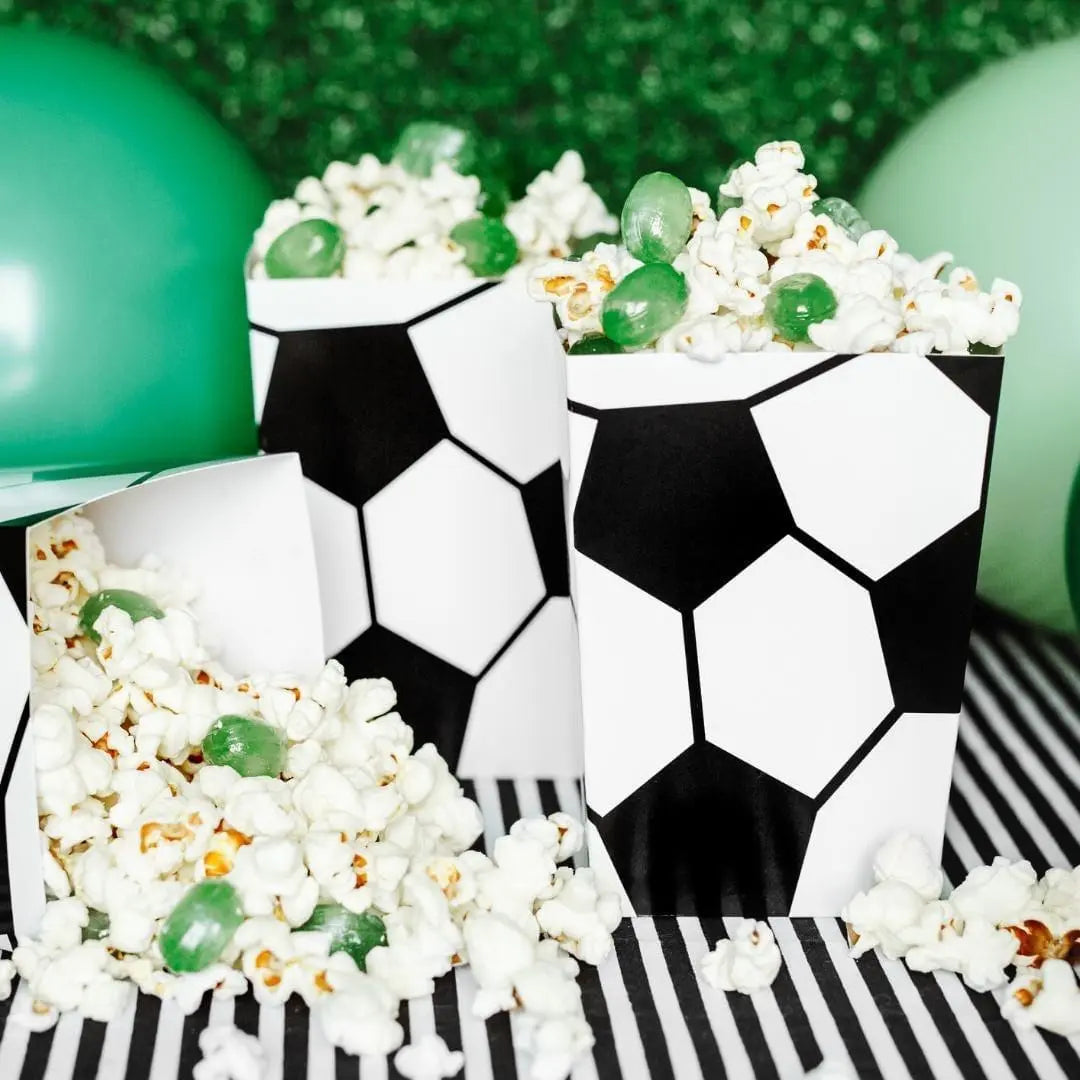 Football Popcorn Boxes - Black & White Soccer Ball Snack Tubs - Match Day Grazing Table - Sports Birthday Party Treats - Stadium Theme -6 pc - Jolie Fete UK